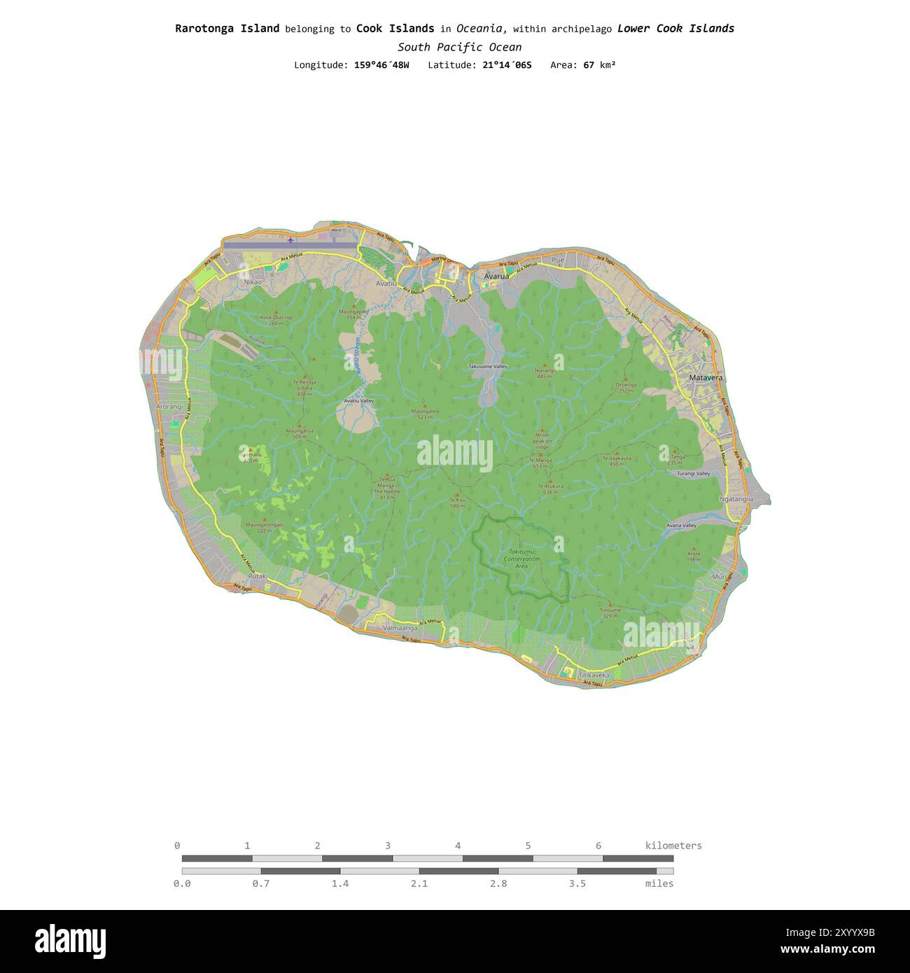 Isola di Rarotonga nell'Oceano Pacifico meridionale, appartenente alle Isole Cook, isolata su una mappa topografica in stile OSM, con scala di distanza Foto Stock