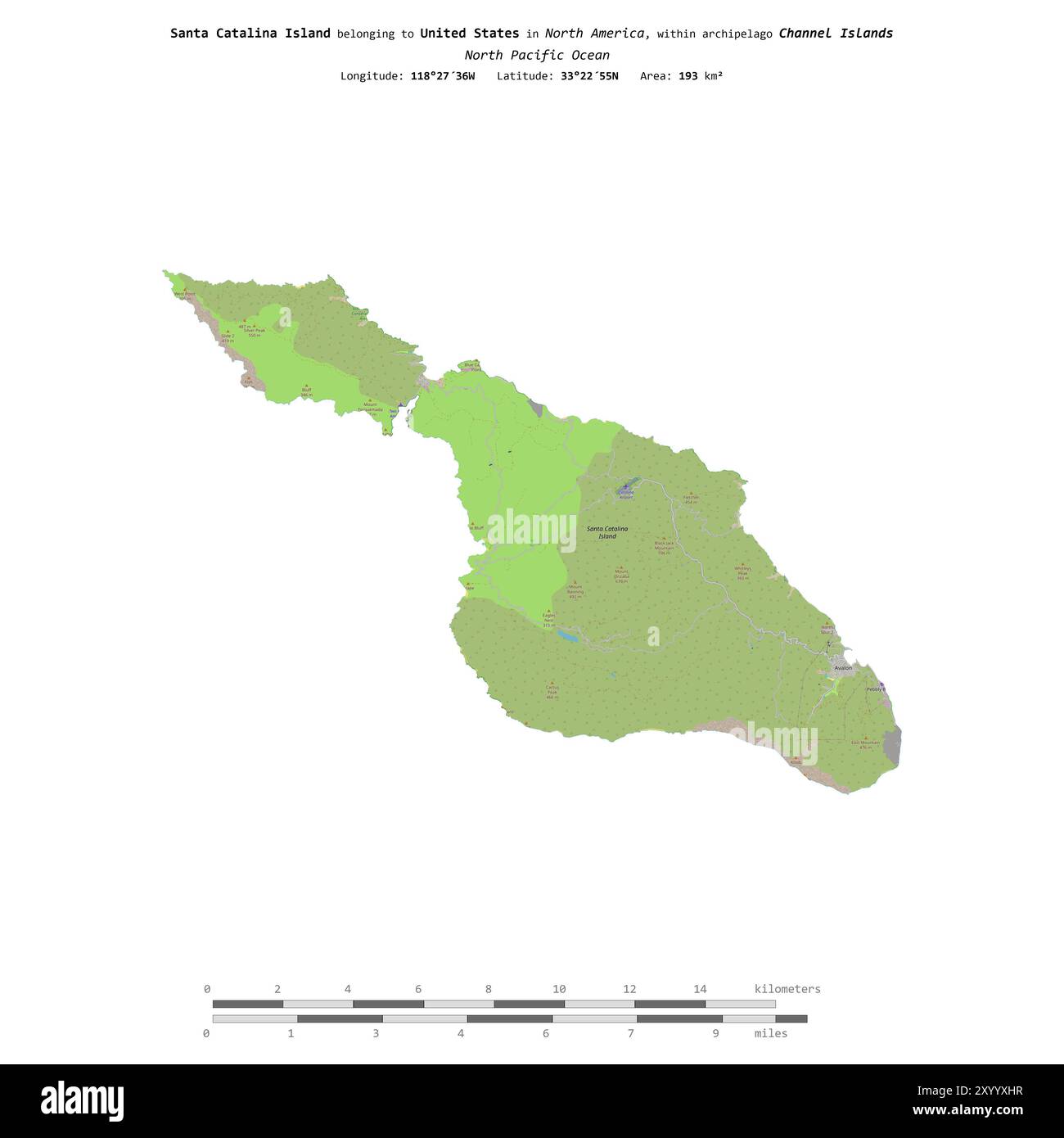 Isola di Santa Catalina nell'Oceano Pacifico settentrionale, appartenente agli Stati Uniti, isolata su una mappa topografica in stile OSM, con scala di distanza Foto Stock