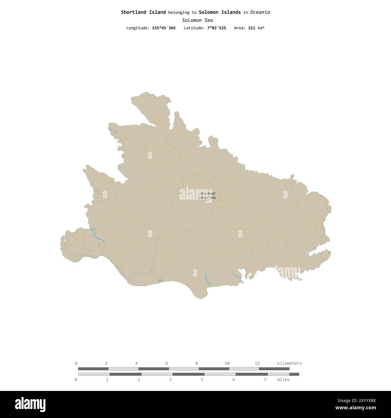 Shortland Island nel Mare delle Salomone, appartenente alle Isole Salomone, isolata su una mappa topografica in stile standard OSM, con scala di distanza Foto Stock