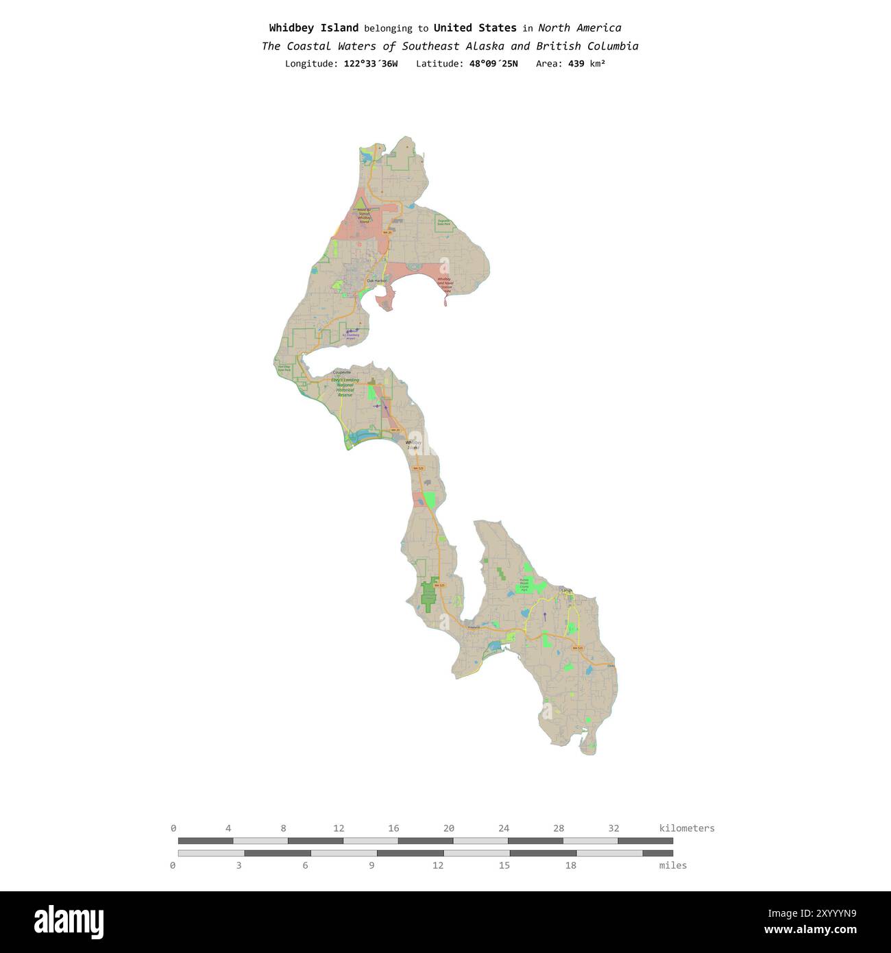 Whidbey Island, nelle acque costiere del sud-est dell'Alaska e della Columbia Britannica, appartenente agli Stati Uniti, isolato secondo uno standard OSM topografico Foto Stock