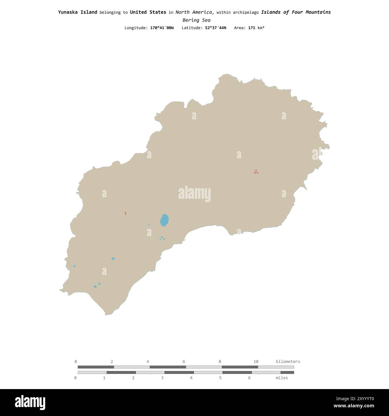 Yunaska Island nel Mare di Bering, appartenente agli Stati Uniti, isolata su una mappa topografica in stile OSM, con scala di distanza Foto Stock