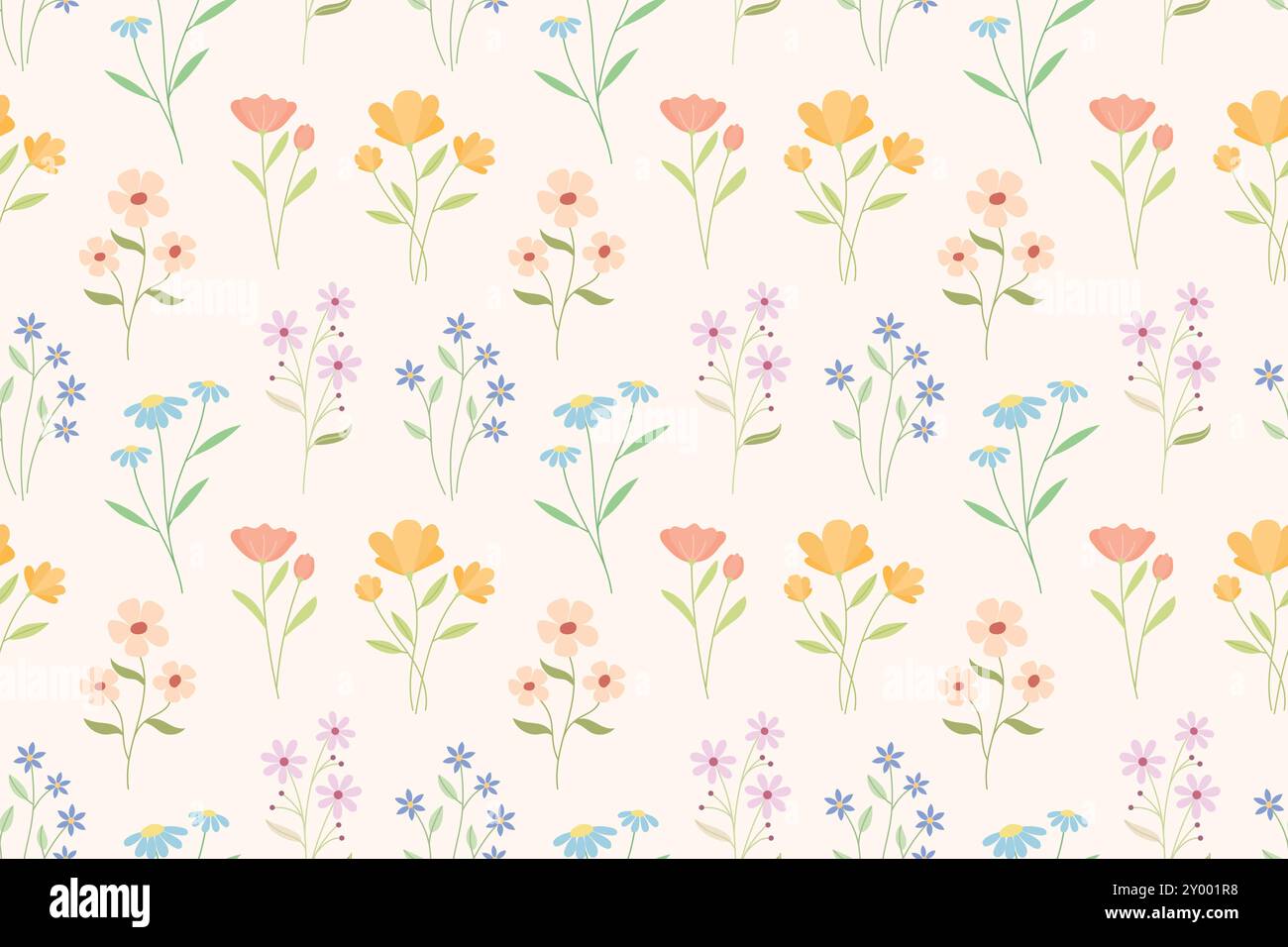 Un motivo ricorrente di vari fiori selvatici color pastello su sfondo bianco. Illustrazione Vettoriale