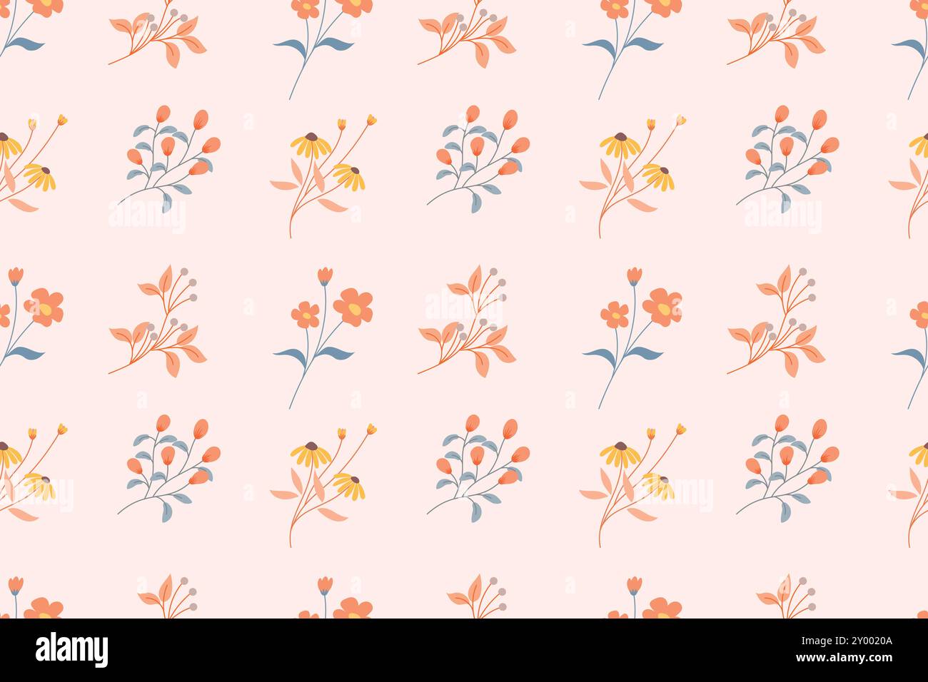 L'immagine mostra una ripetizione di colorate illustrazioni floreali in tonalità pesca e gialle su sfondo rosa chiaro. Illustrazione Vettoriale