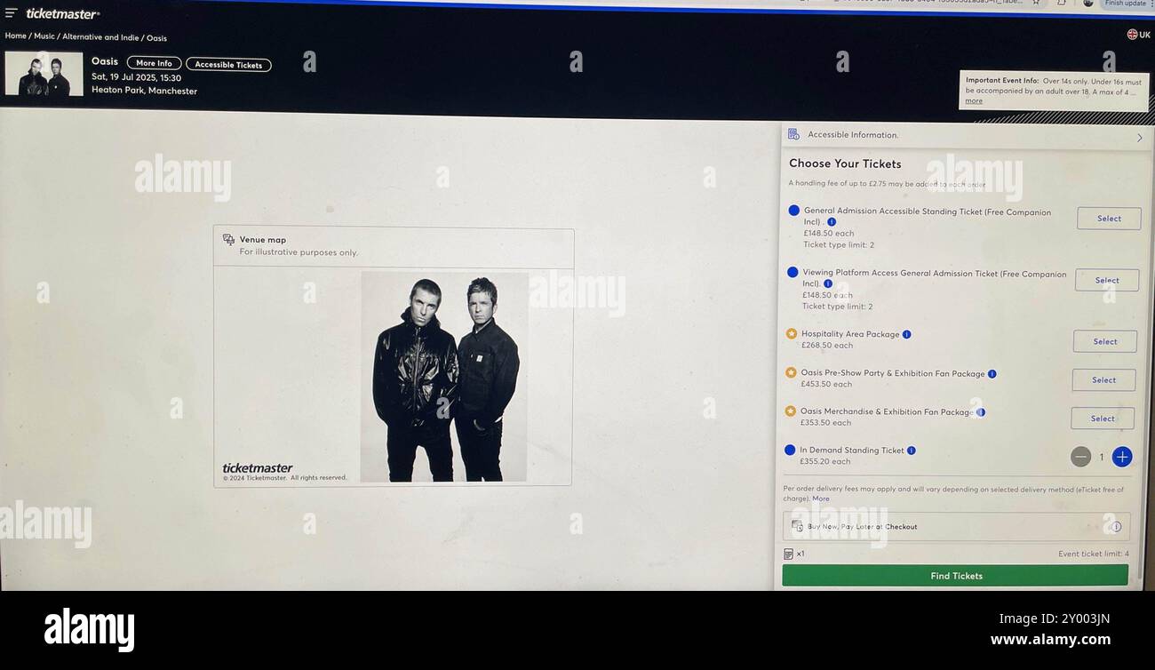 Una schermata del sito Web di Ticketmaster contenente informazioni dettagliate sui prezzi dei biglietti per i concerti degli Oasis in vendita a Manchester. I fan degli Oasis di tutto il Regno Unito e l'Irlanda che si sono persi i biglietti in prevendita cercheranno di assicurarsi il loro posto ai concerti di riunione della band durante la vendita generale di sabato. Data di pubblicazione: Sabato 31 agosto 2024. Foto Stock