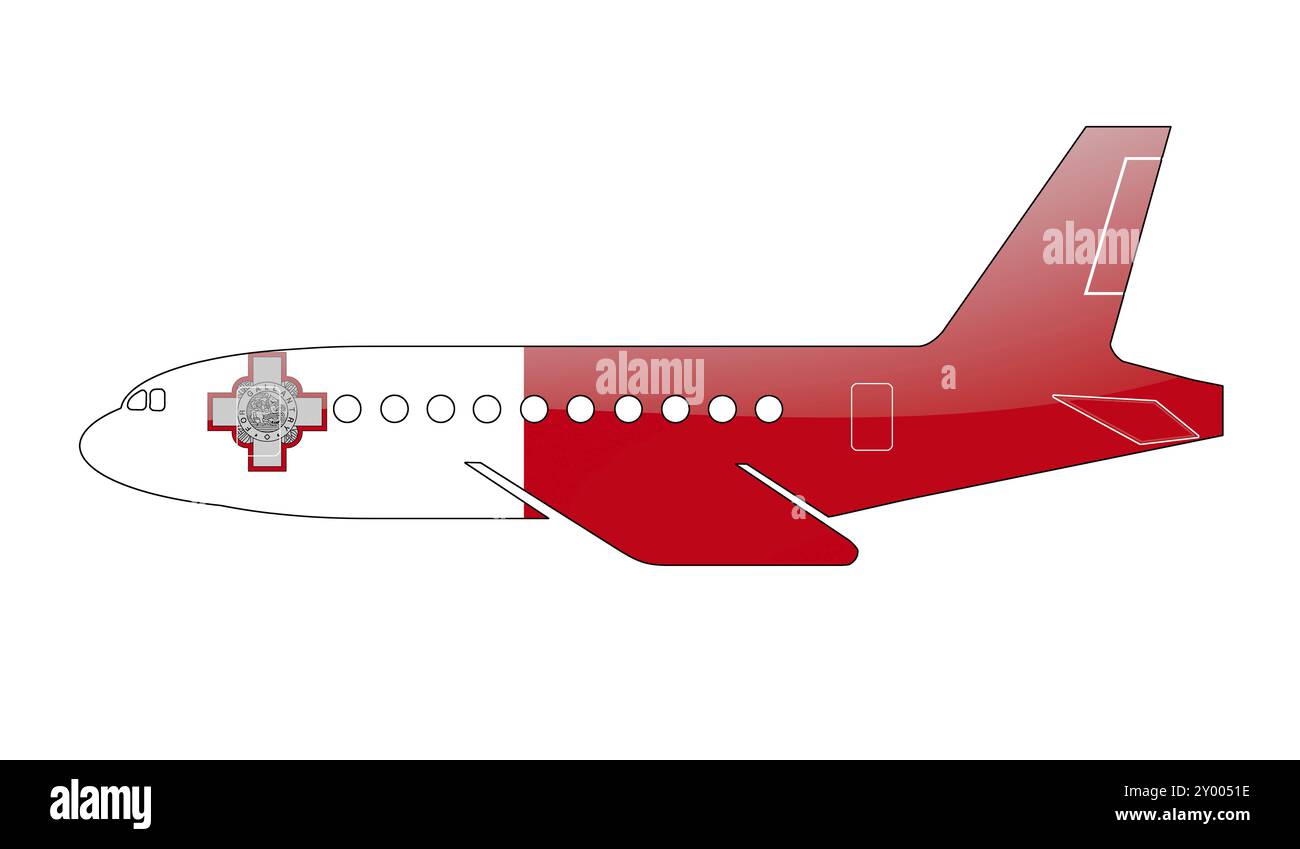 La bandiera maltese dipinta sulla silhouette di un aereo. illustrazione lucida Foto Stock