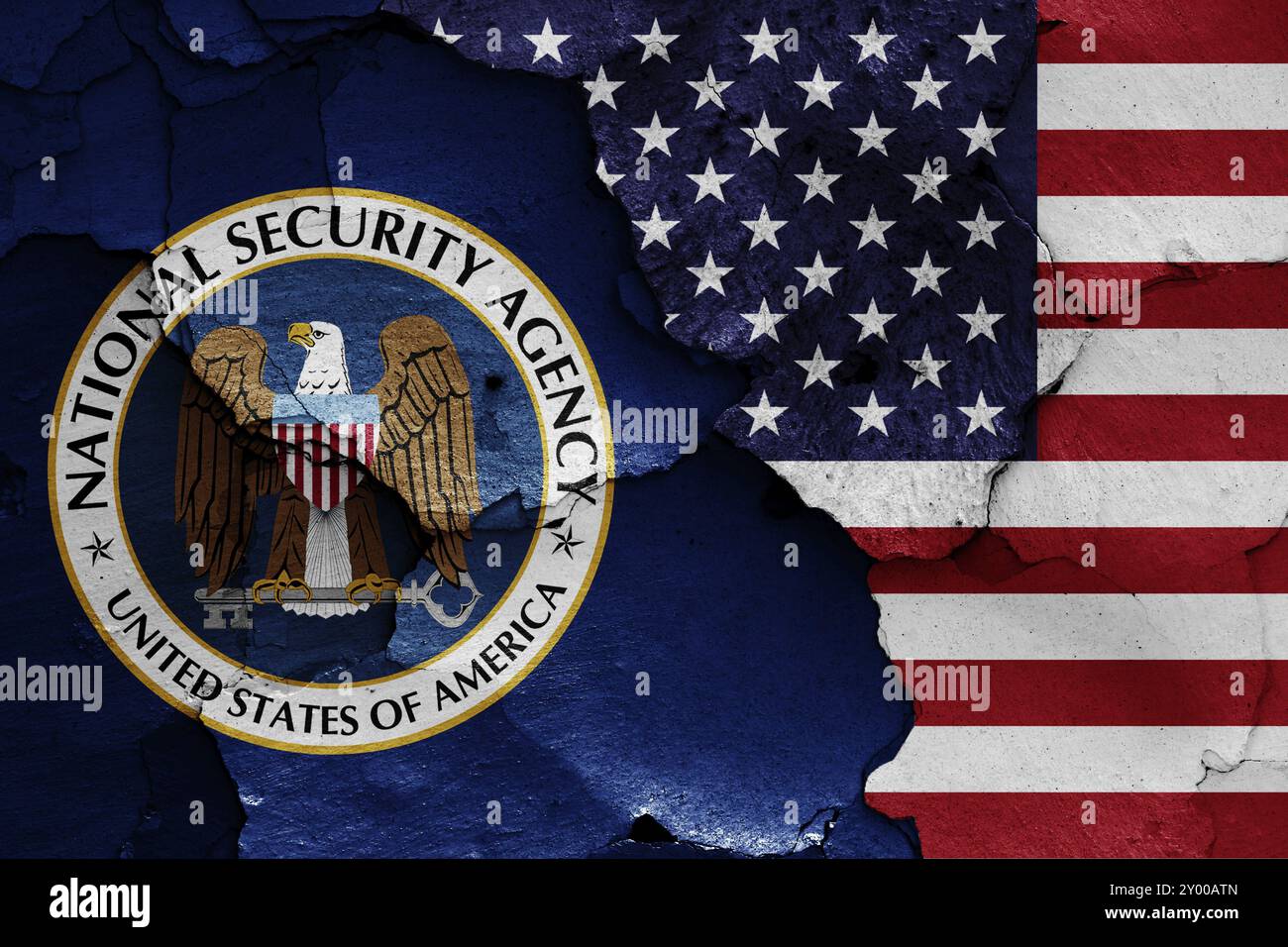Bandiere della National Security Agency e degli Stati Uniti dipinte su un muro incrinato Foto Stock