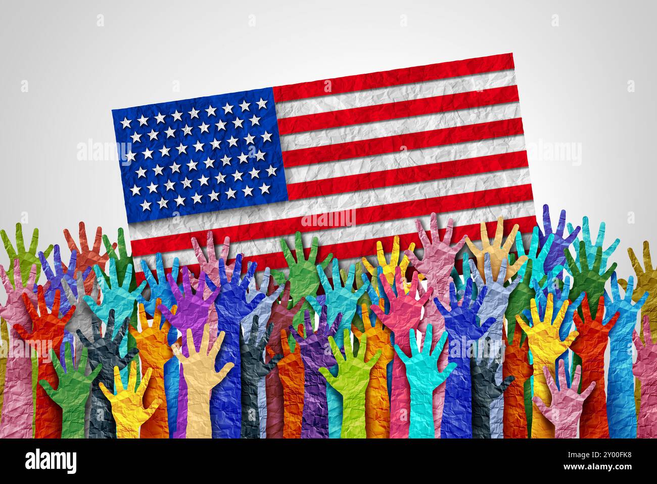 American Diversity Celebration in qualità di diversi cittadini degli Stati Uniti con una bandiera che celebra l'inclusione e il multiculturalismo come ripredatori uniti del popolo degli Stati Uniti Foto Stock