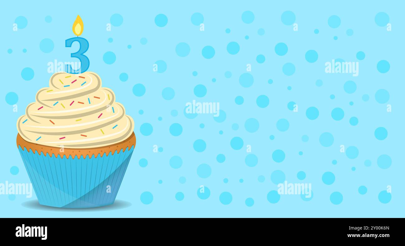 sfondo per 3 anni di compleanno con cupcake e candela Foto Stock