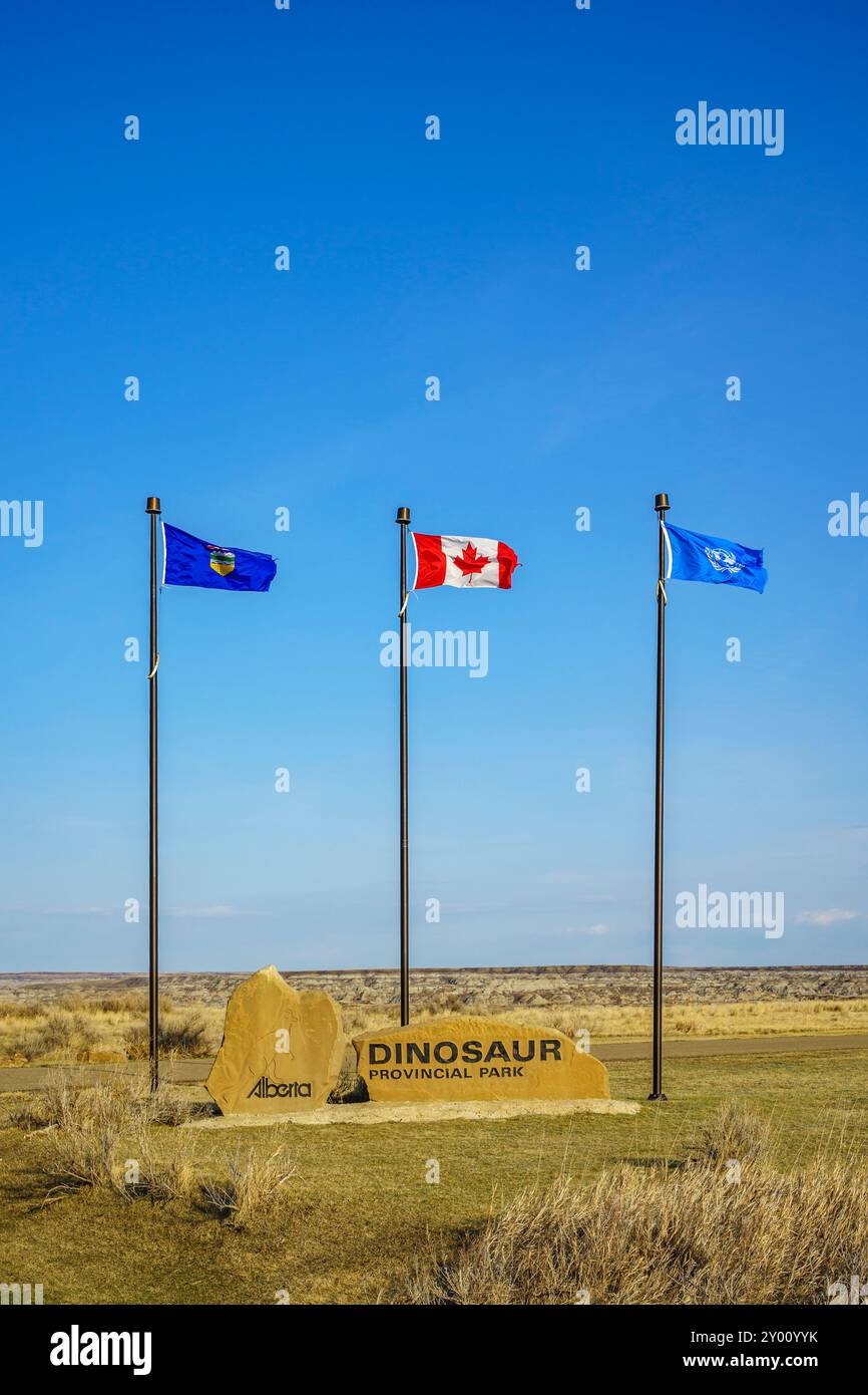 Pali di bandiera all'ingresso del parco che espongono le bandiere di Alberta, Canada e delle Nazioni Unite Foto Stock