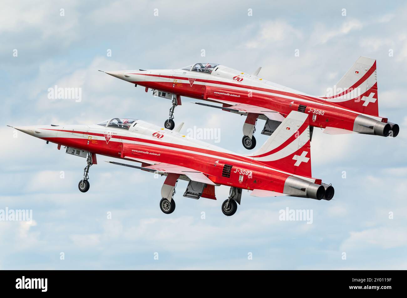 La famosa squadra di aerobatica Patrouille Suisse dell'Aeronautica militare svizzera e i loro caccia Northrop F-5E Tiger II. Foto Stock