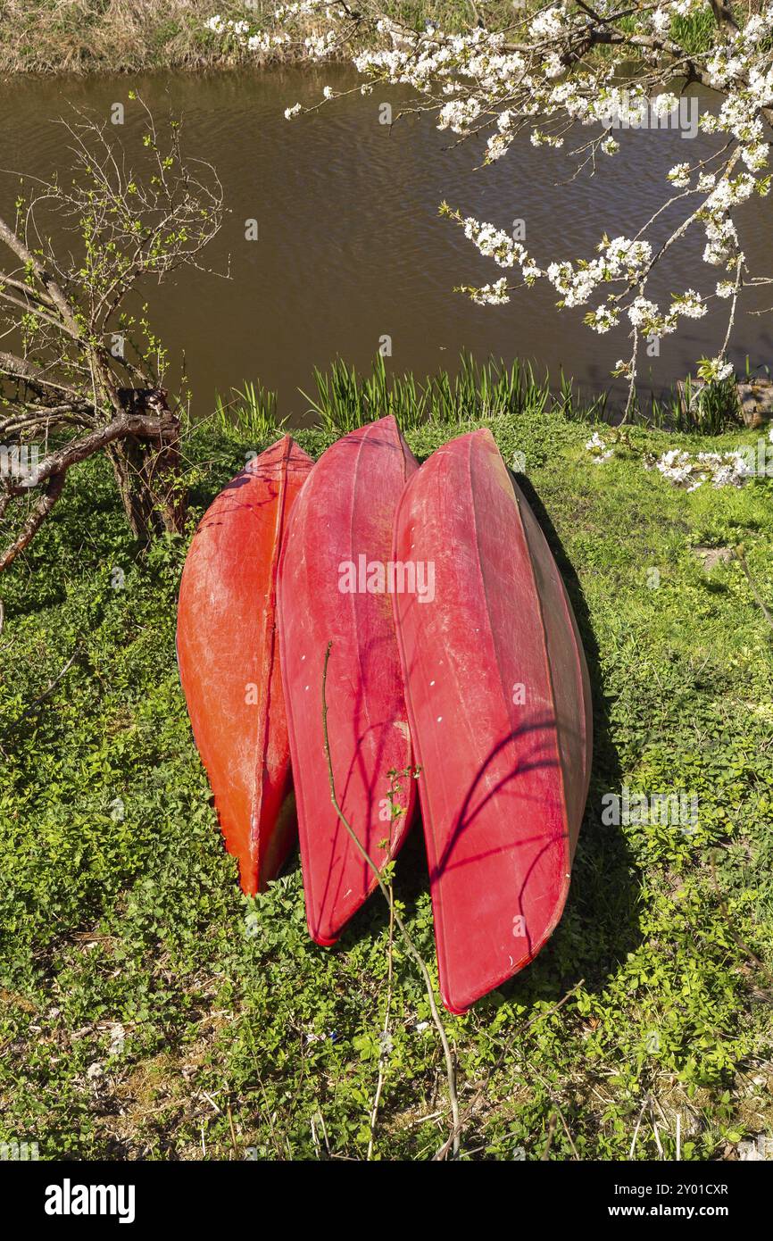 Canoe rosse sulle rive dell'Altmuehl in Baviera Foto Stock