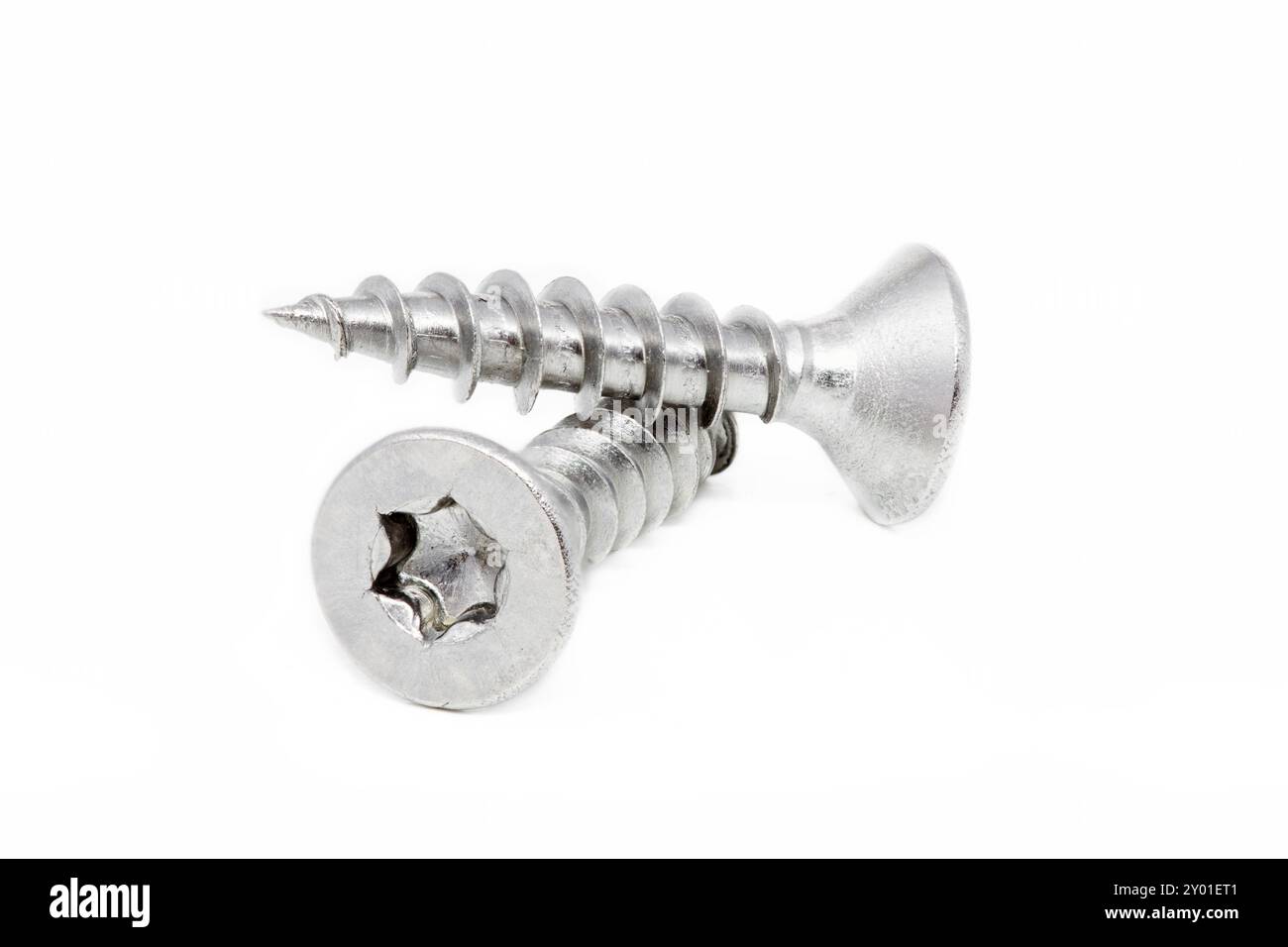 Viti per legno su sfondo bianco Foto Stock