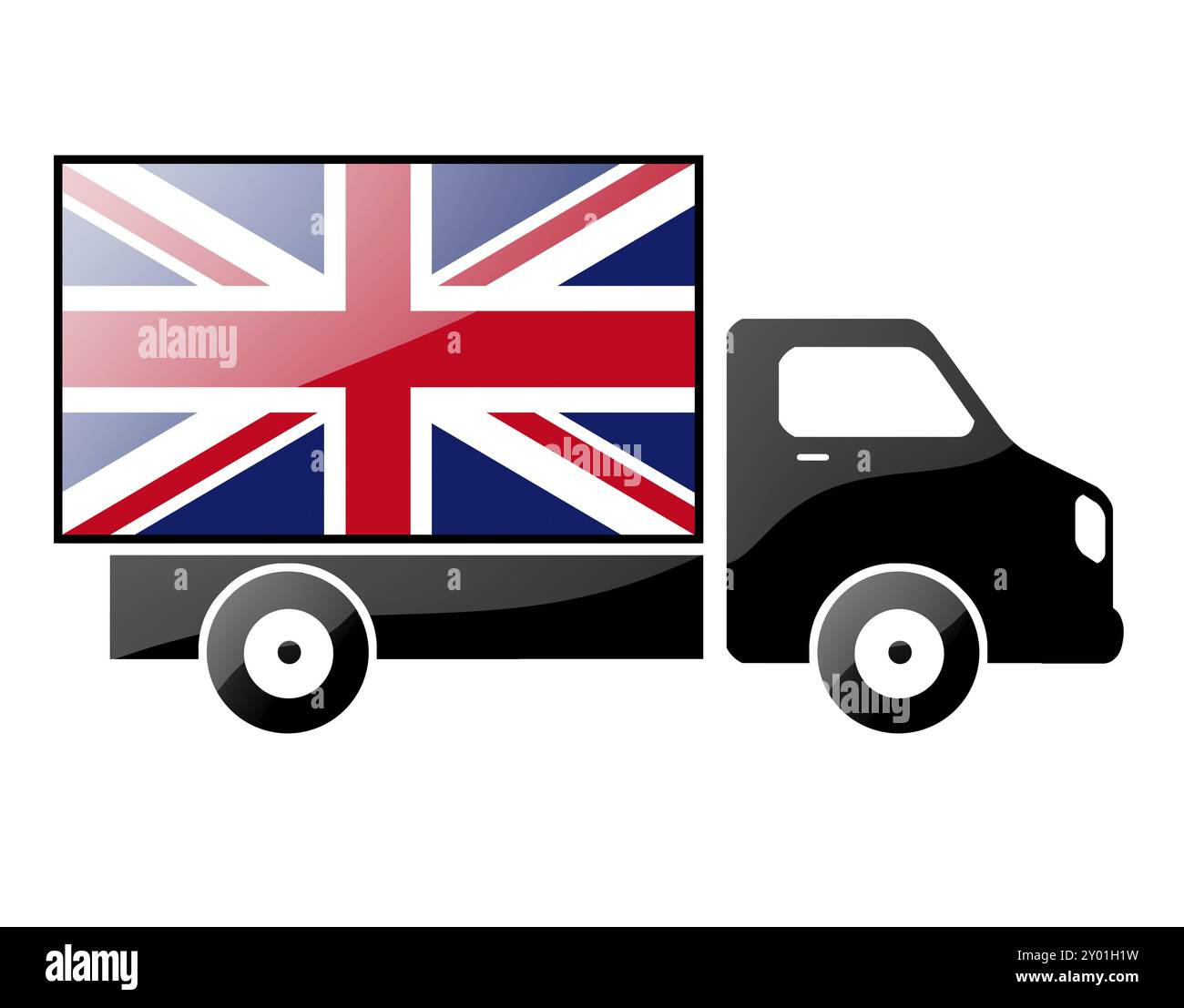 La bandiera britannica dipinta sulla silhouette di un camion. illustrazione lucida Foto Stock