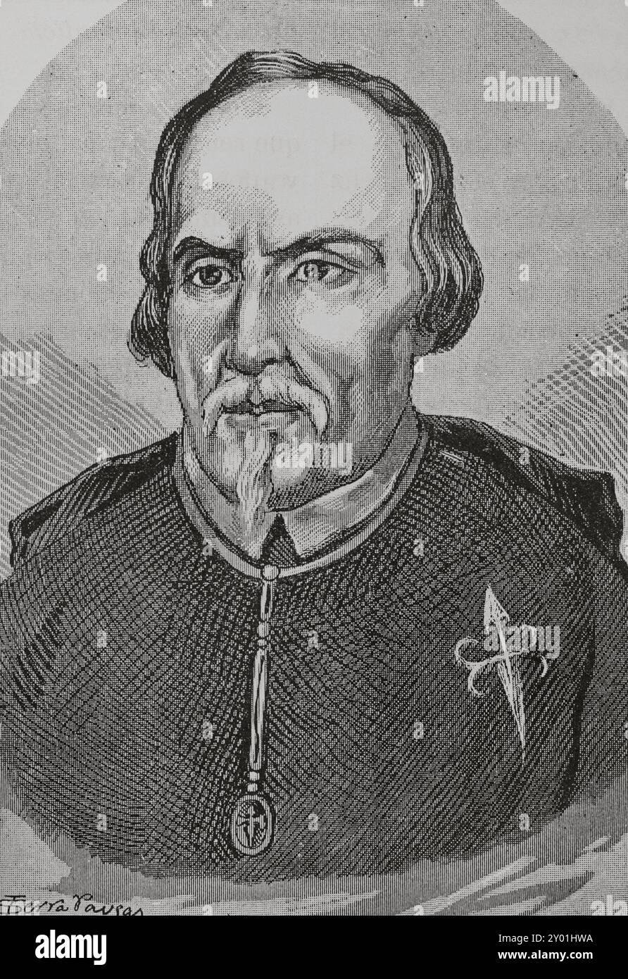 Pedro Calderón de la barca (1600-1681). Scrittore spagnolo barocco dell'età dell'oro e cavaliere dell'ordine di Santiago. Verticale. Illustrazione di Serra Pausas. "Glorias Españolas" (Glorie di Spagna). Volume IV. Pubblicato a Barcellona, 1890. Foto Stock