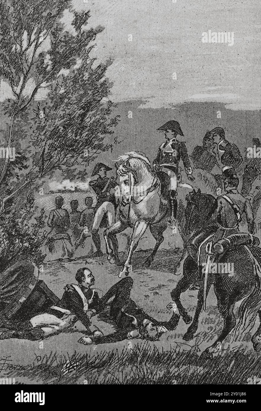 Guerra d'indipendenza spagnola (1808-1814). Battaglia di Salamanca (22 luglio 1812). I combattimenti che ebbero luogo nella città di Arapiles, a sud di Salamanca, in cui affrontarono gli eserciti alleati di Spagna, Inghilterra e Portogallo, sotto il comando del generale Arthur Wellesley, i duca di Wellington (1769-1852), contro le truppe napoleoniche guidate dal maresciallo Marmont, che furono sconfitte. Questa sconfitta francese inflisse un duro colpo ai piani di Napoleone di invadere il Portogallo, poiché impediva l'installazione delle basi e degli arsenali necessari per portare a termine l'invasione. Illustrazione di Serra Pausas. Glorias ESP Foto Stock