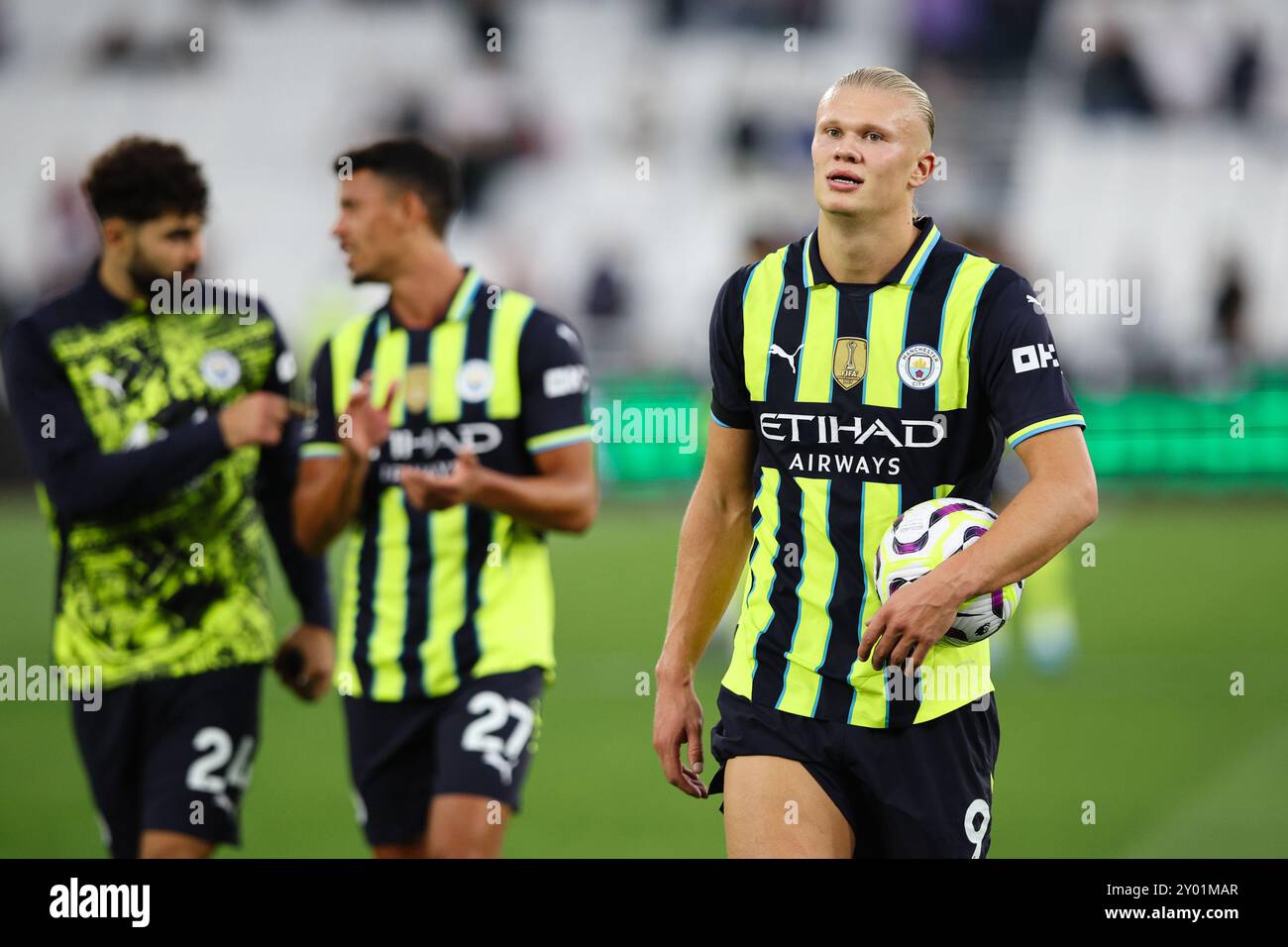 LONDRA, Regno Unito - 31 agosto 2024: Erling Haaland del Manchester City festeggia con il pallone dopo aver segnato una tripletta durante la partita di Premier League tra il West Ham United e il Manchester City allo stadio di Londra (credito: Craig Mercer/ Alamy Live News) Foto Stock