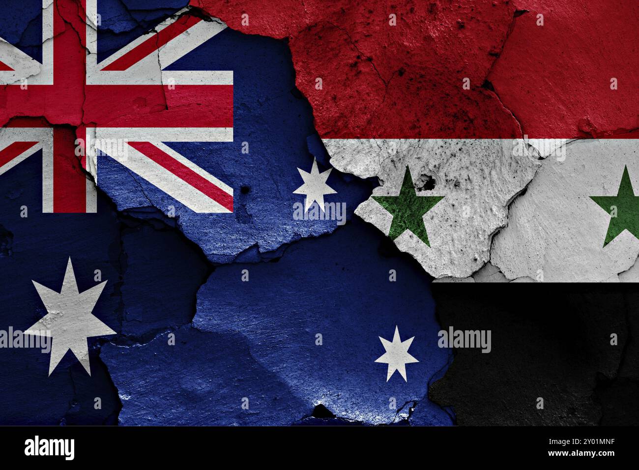 Bandiere di Australia e Siria dipinte su pareti incrinate Foto Stock