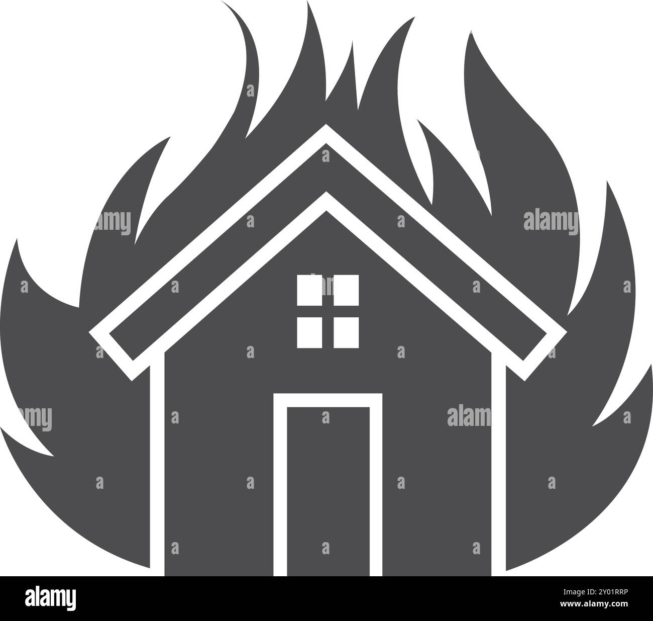 Icona nera della casa in fiamme. Simbolo di rischio di emergenza Illustrazione Vettoriale