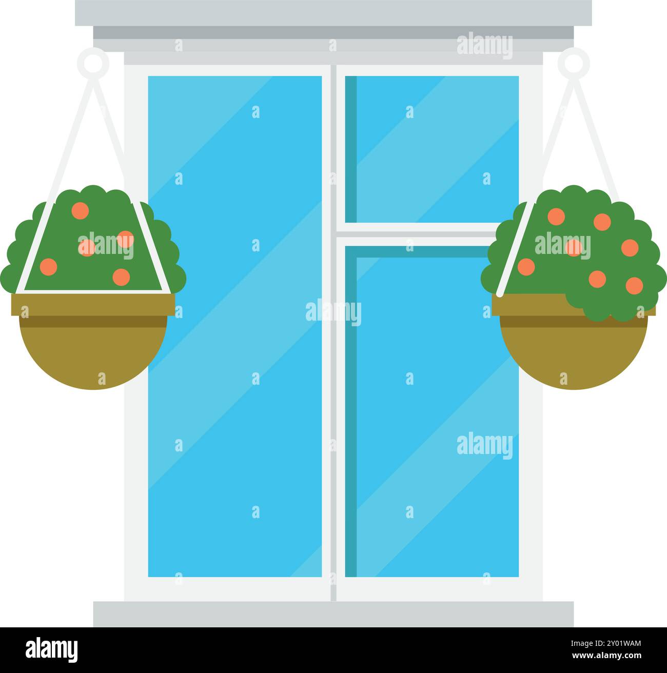 Elemento esterno del finestrino. Cornice in vetro bianco con vasi di fiori Illustrazione Vettoriale