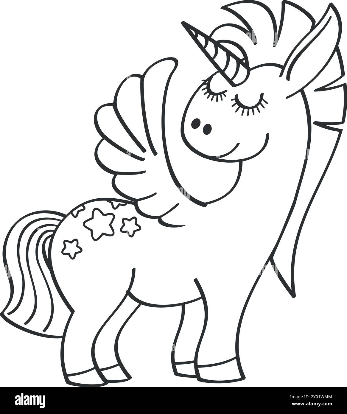 Disegno linea unicorno. Creatura magica. Animale da favola Illustrazione Vettoriale