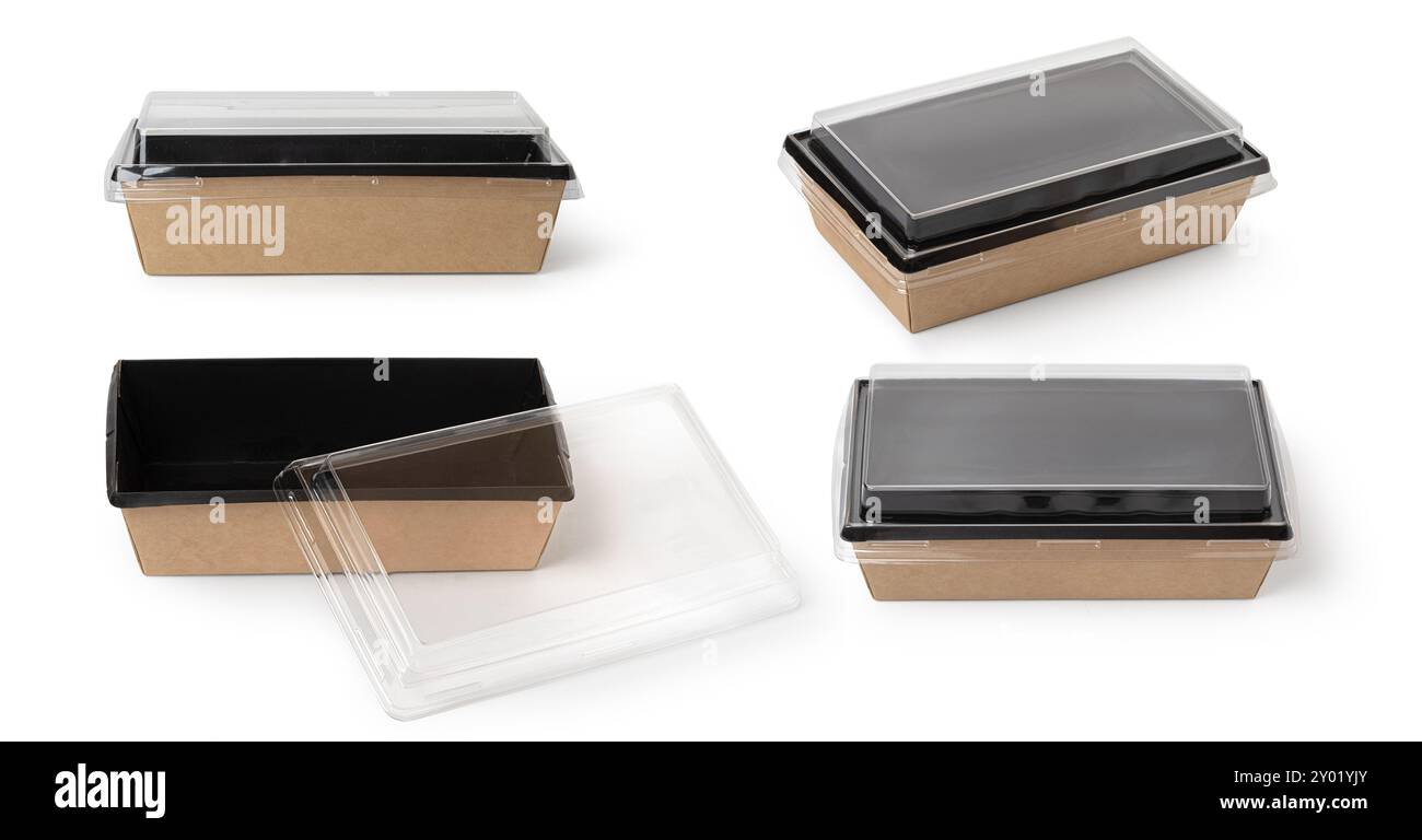 Vassoi di carta riciclata per spuntini, confezione vuota monouso scatola di cartone isolata su sfondo bianco pronta per la progettazione del prodotto Foto Stock