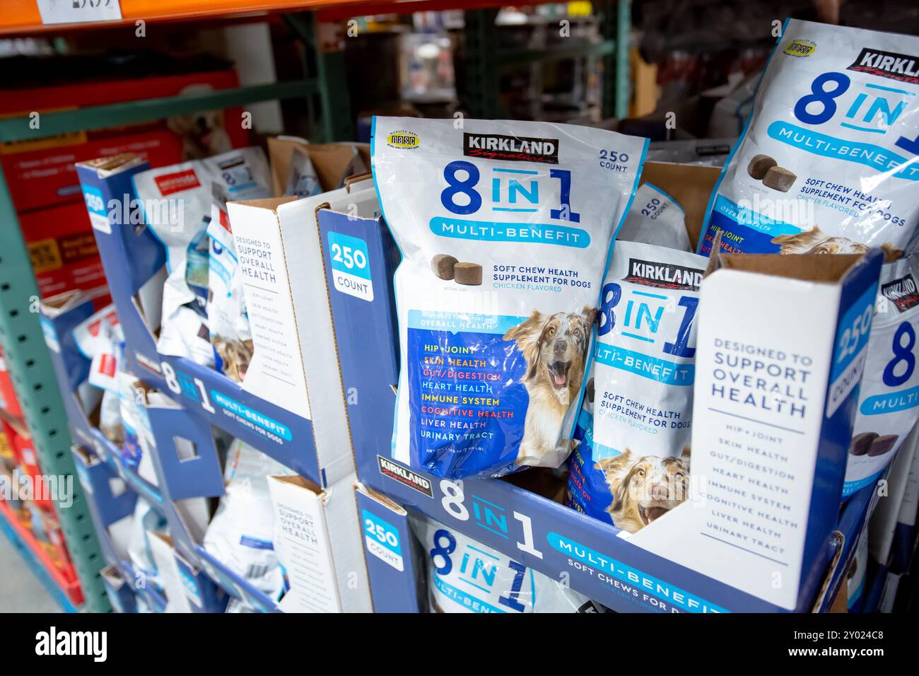 Los Angeles, California, Stati Uniti - 03-01-2022: Una vista di diversi pacchetti di prelibatezze per cani Kirkland Signature 8 in 1, presso il negozio. Foto Stock