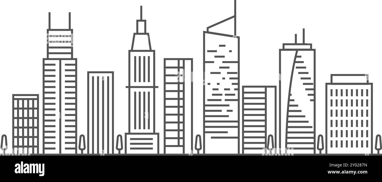 Icona della linea panoramica della strada cittadina. Grattacieli alti Illustrazione Vettoriale