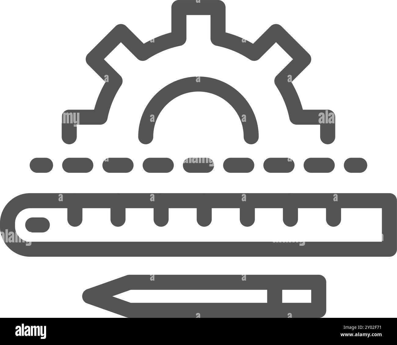 Icona della linea del processo di ingegneria meccanica. Progetto tecnico Illustrazione Vettoriale