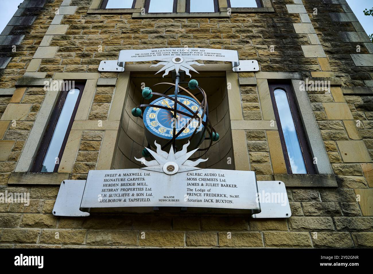 Il Millennium Clock nel centro di Hebden Bridge, Regno Unito Foto Stock