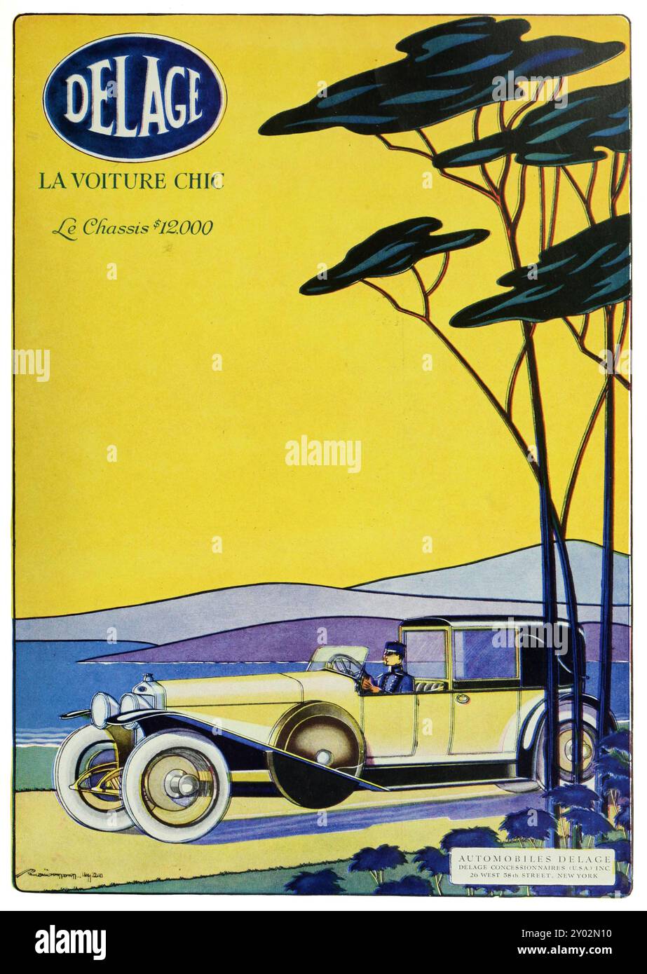 1920 Delage Cabriolet: "La Voiture Chic". Arte pubblicitaria di auto d'epoca per Automobile Delage. Foto Stock
