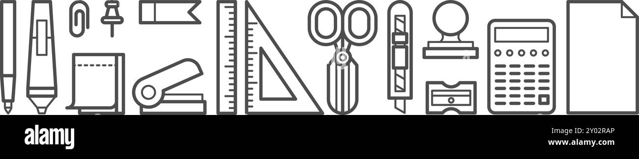 Set di icone della linea di cancelleria dell'ufficio. Forniture scolastiche Illustrazione Vettoriale