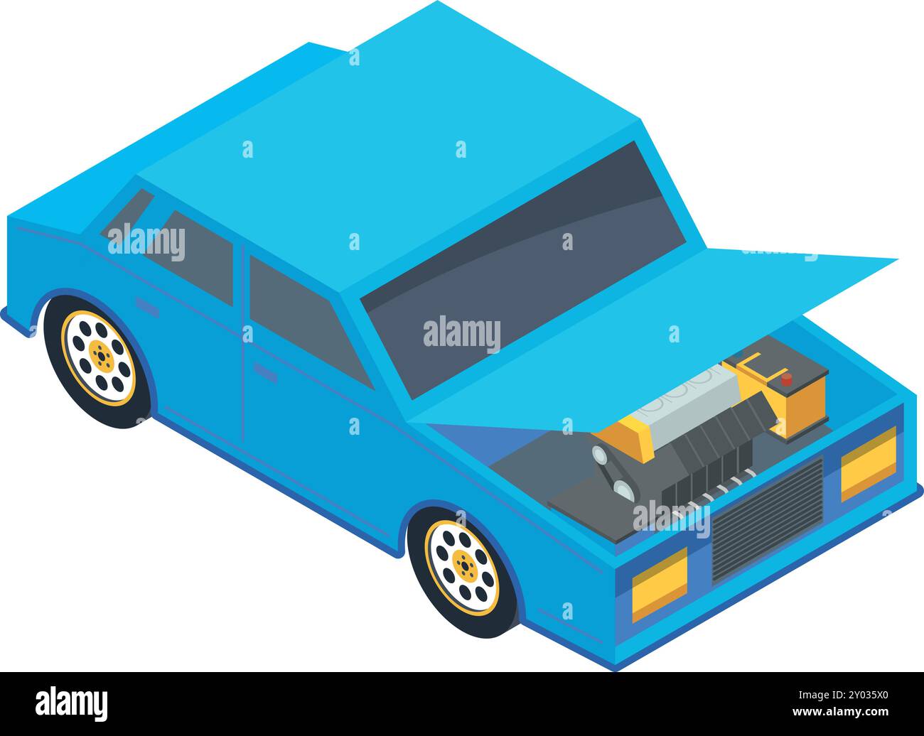 Icona isometrica della vettura con cofano aperto. Controllo manutenzione automatica Illustrazione Vettoriale