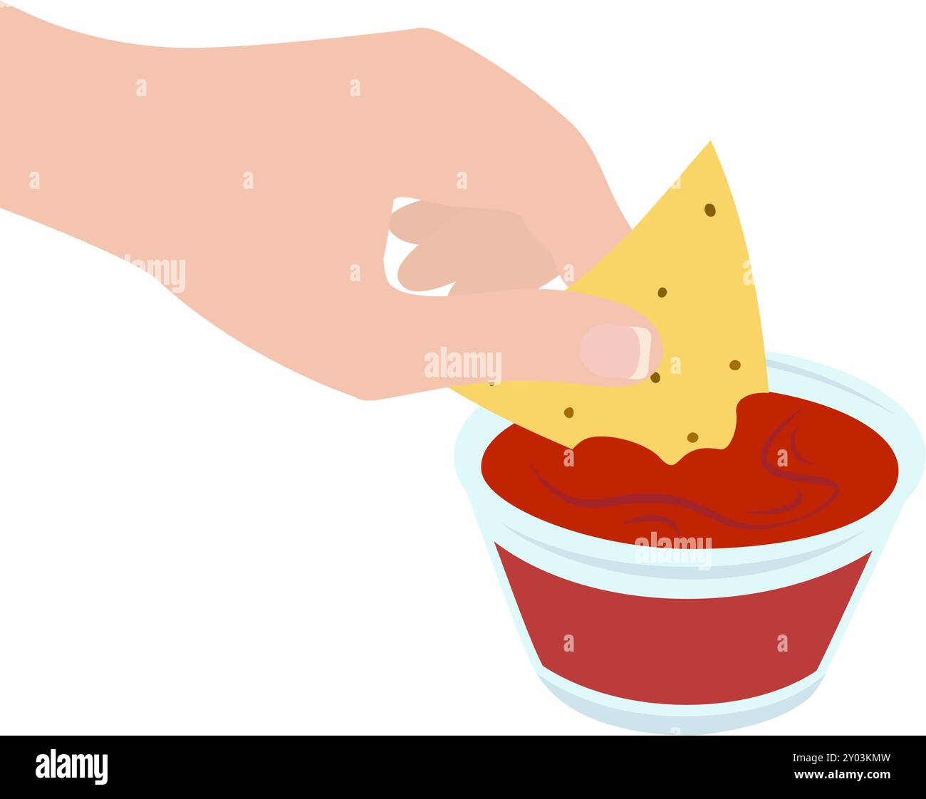 Le donne con la manicure francese hanno immerso i nachos nella barca con sugo di salsa. Stuzzichino messicano isolato vista frontale. Schede per illustrazioni vettoriali, poster, banner, opuscoli, menu, idea di design promozionale Illustrazione Vettoriale