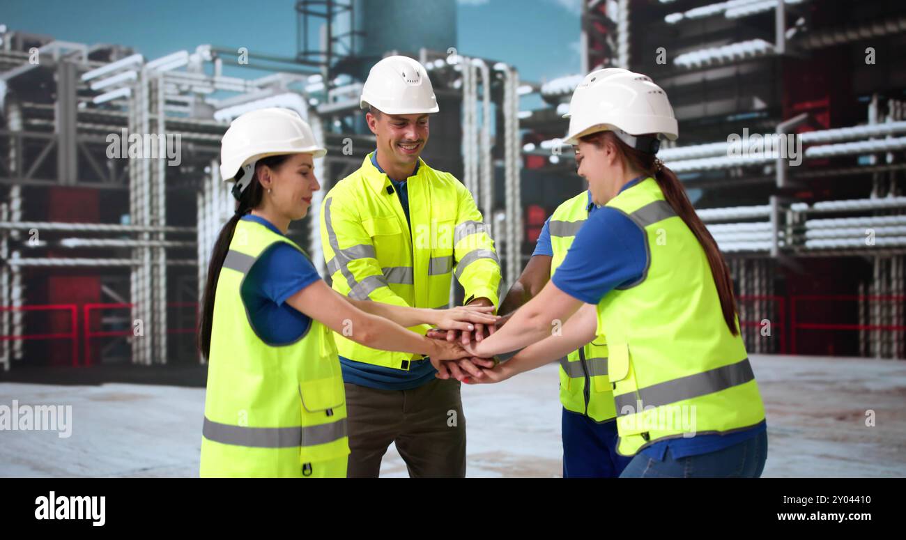 Team Spirit e coesione alla raffineria petrolifera. Mani di supporto Foto Stock