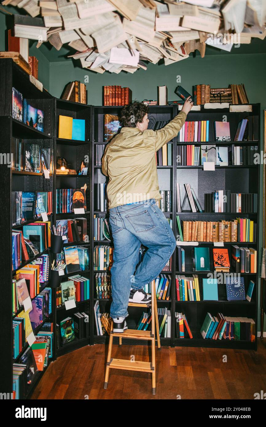 Vista posteriore del giovane che sceglie i libri stando in piedi sulla scala in libreria Foto Stock
