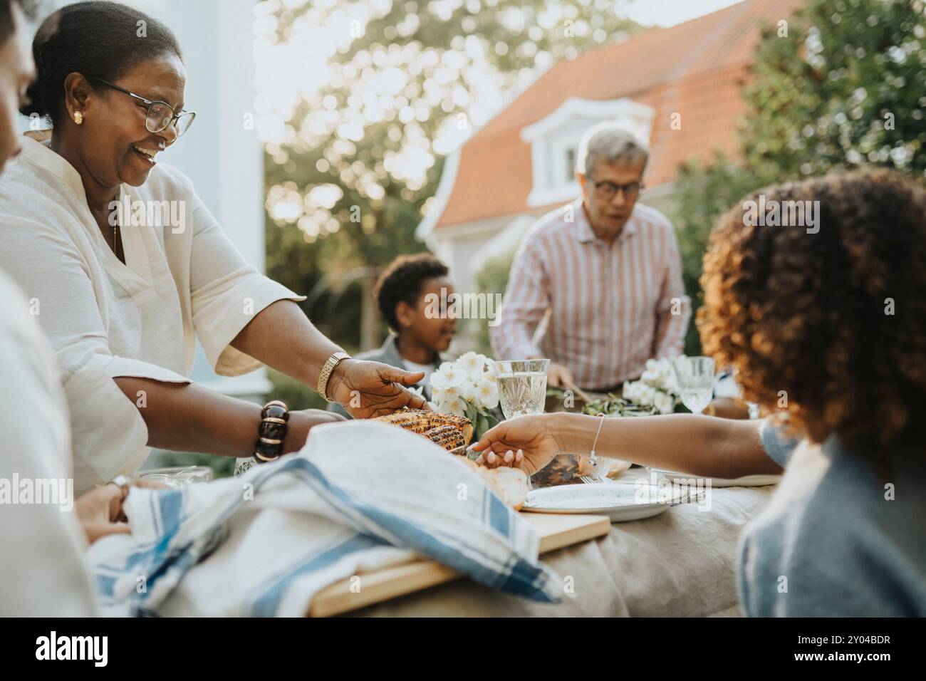 Uomini e donne felici che pranzano durante la riunione di famiglia alla festa in giardino Foto Stock