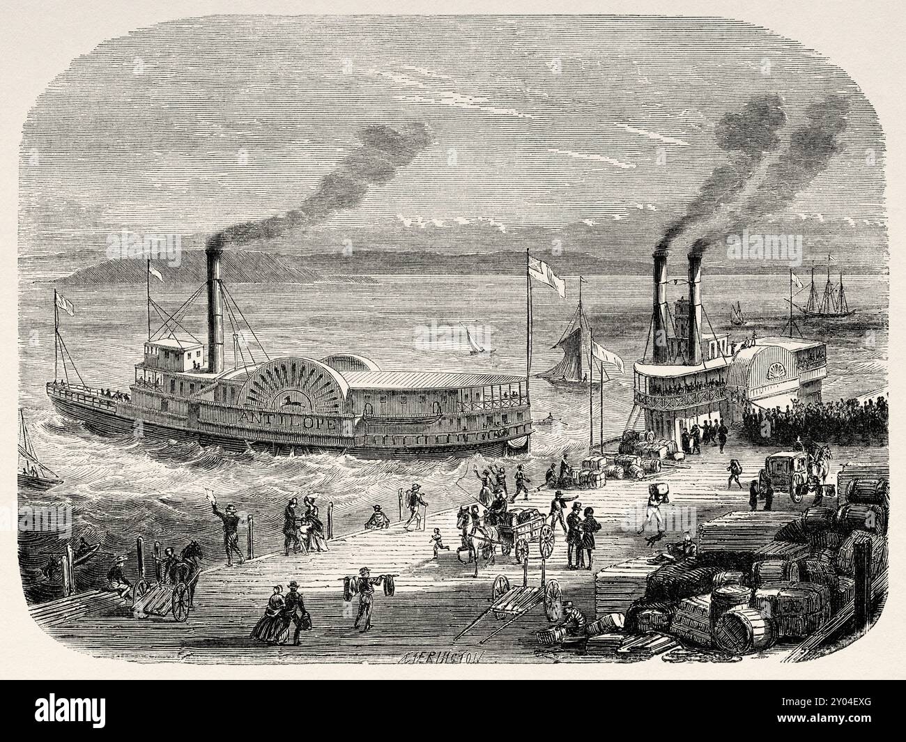 Porto di San Francisco, California. Stati Uniti d'America, disegno di Eustache Lorsay (1822-1871) viaggio in California, 1859 di Louis Simonin (1830-1886) le Tour du Monde 1862 Foto Stock