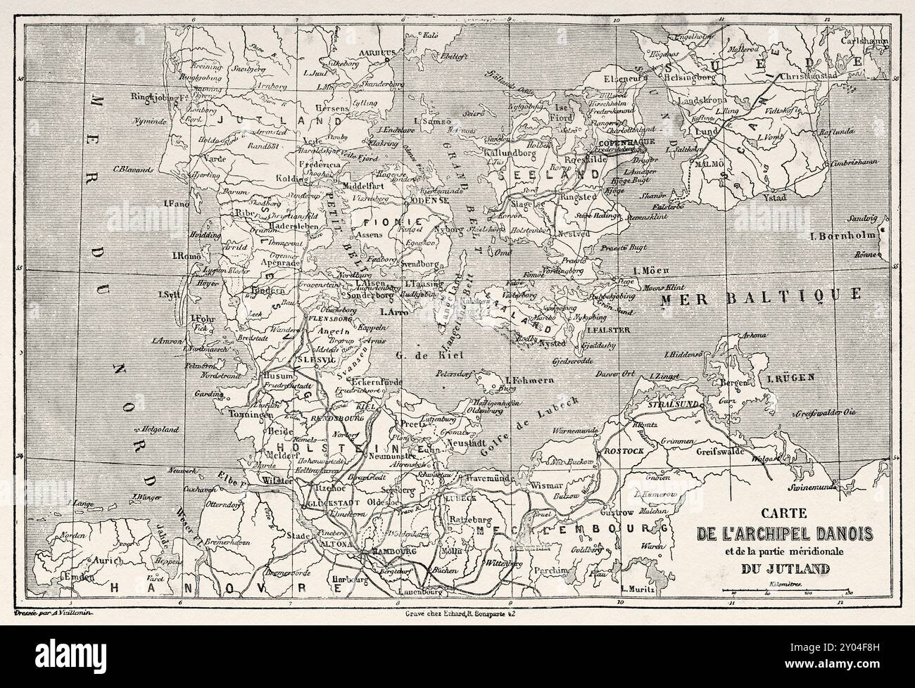 Vecchia mappa dell'arcipelago danese e della parte meridionale dello Jutland, Danimarca. Viaggio in Danimarca, 1860 di Jean-Marie Dargaud (1800-1866) le Tour du Monde 1862 Foto Stock