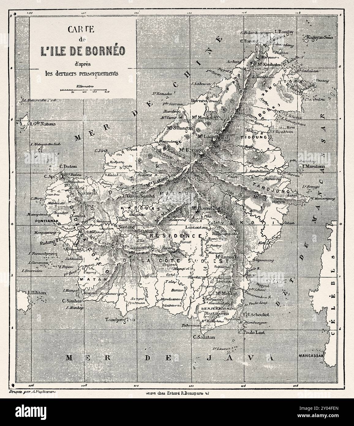 Vecchia mappa dell'Isola del Borneo, Malesia. Viaggio verso l'isola del Borneo, 1847 con Carl Schwaner (1817-1851) le Tour du Monde 1862 Foto Stock