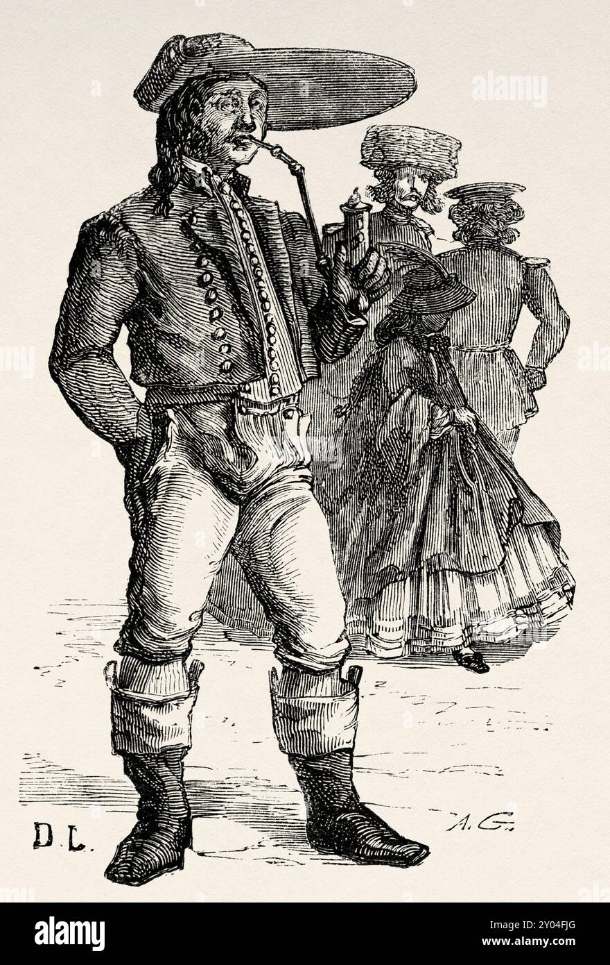 Contadino di Baden-Wurtemberg vestito in costume tradizionale fumando una tradizionale pipa di tabacco, Germania. Disegno di Dieudonne Lancelot (1823 - 1895) viaggio da Parigi a Bucarest 1860, di Victor Duruy (1811 - 1894) le Tour du Monde 1862 Foto Stock