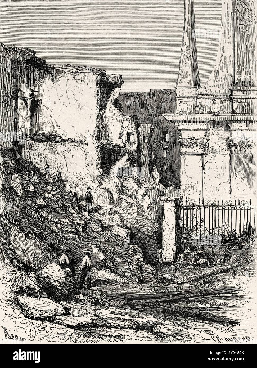 Rovine della Torre del Greco Napoli, a seguito dell'eruzione vulcanica del Vesuvio 8 dicembre 1861, Napoli. Italia, disegno di Edouard Riou (1833 - 1900) Walk Around Naples, 1862 di Marc Monnier (1827-1885) le Tour du Monde 1862 Foto Stock