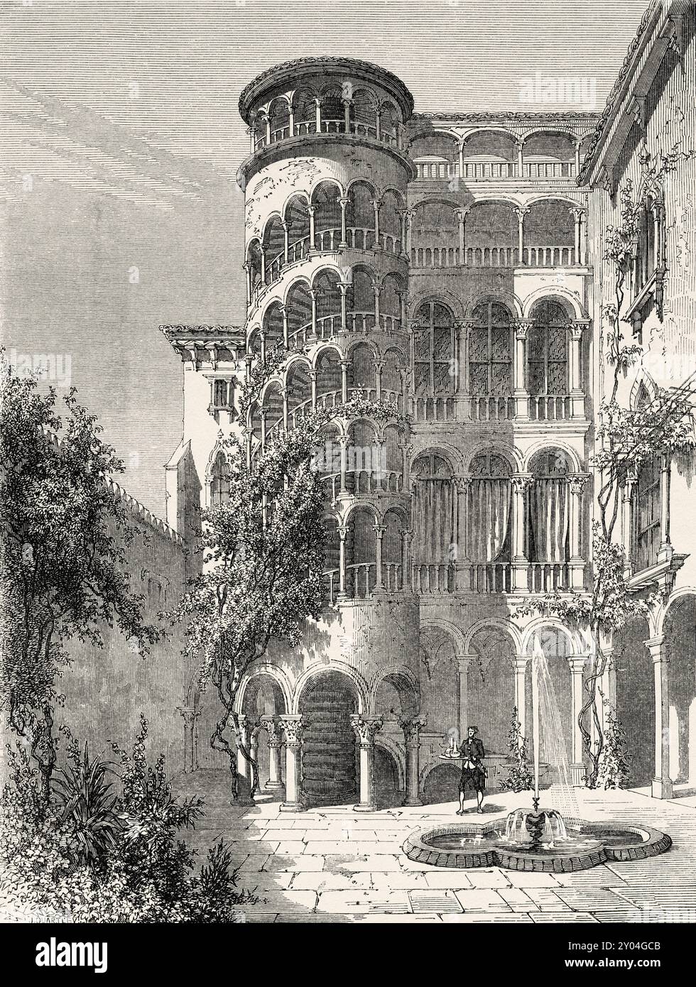 La scalinata di Palazzo Contarini del Bovolo, Venezia. Italia, disegno di Emile Therond (1821- 1883) Venezia di Adalbert de Beaumont (18091-1869) le Tour du Monde 1862 Foto Stock