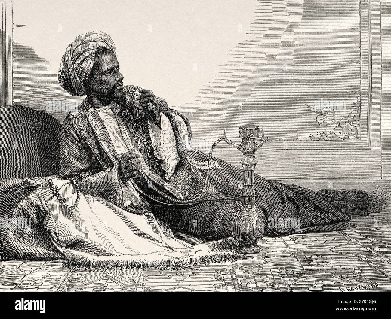Interprete yemenita noto come Ismael che fuma una pipa di Hookah, Yemen, Medio Oriente, disegno di Auguste Hadamard (1823-1886) viaggio di Henri Lambert. Le Tour du Monde 1862 Foto Stock