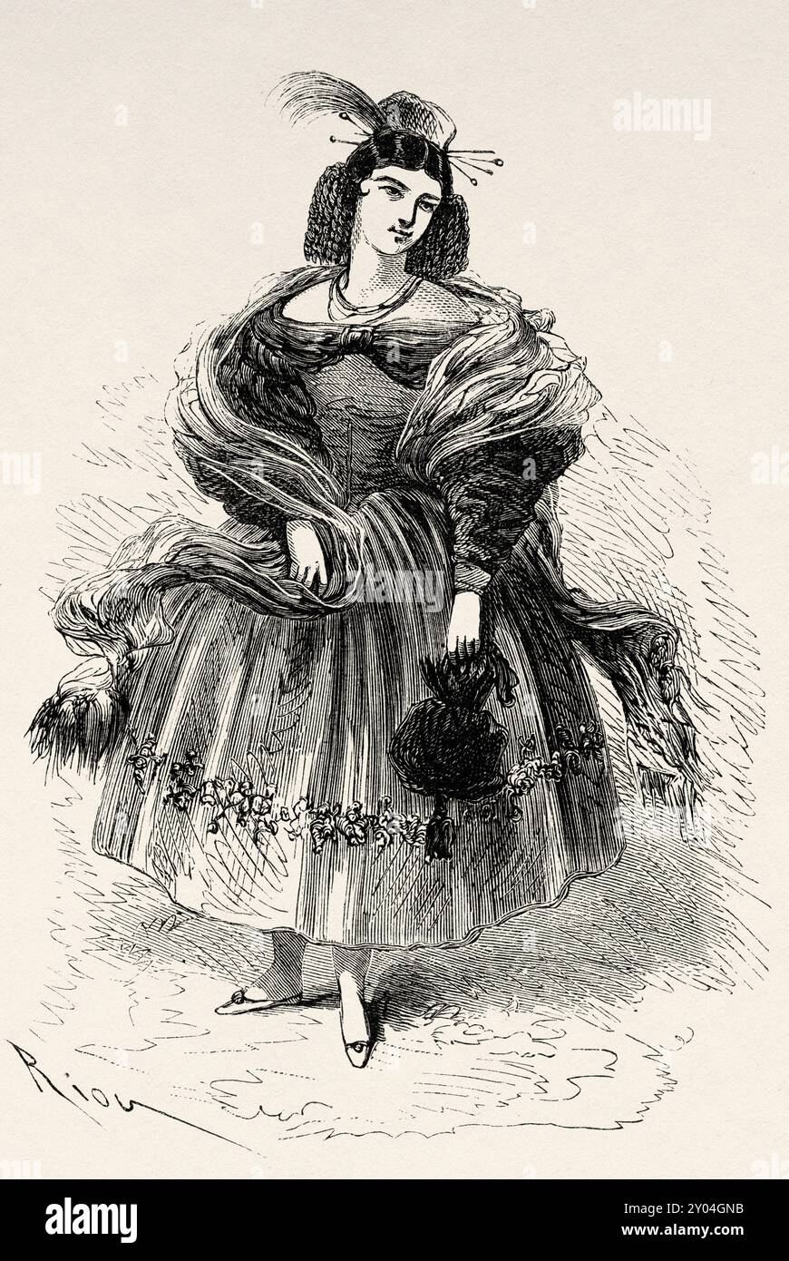 Arequipa signora in tradizionale abito di gala, Perù, Sud America. Viaggia attraverso il Sud America dall'Oceano Pacifico all'Oceano Atlantico, 1848-1960 di Paul Marcoy (1815 - 1887) prima tappa, da Islay ad Arequipa, Perù. Le Tour du Monde 1862 Foto Stock