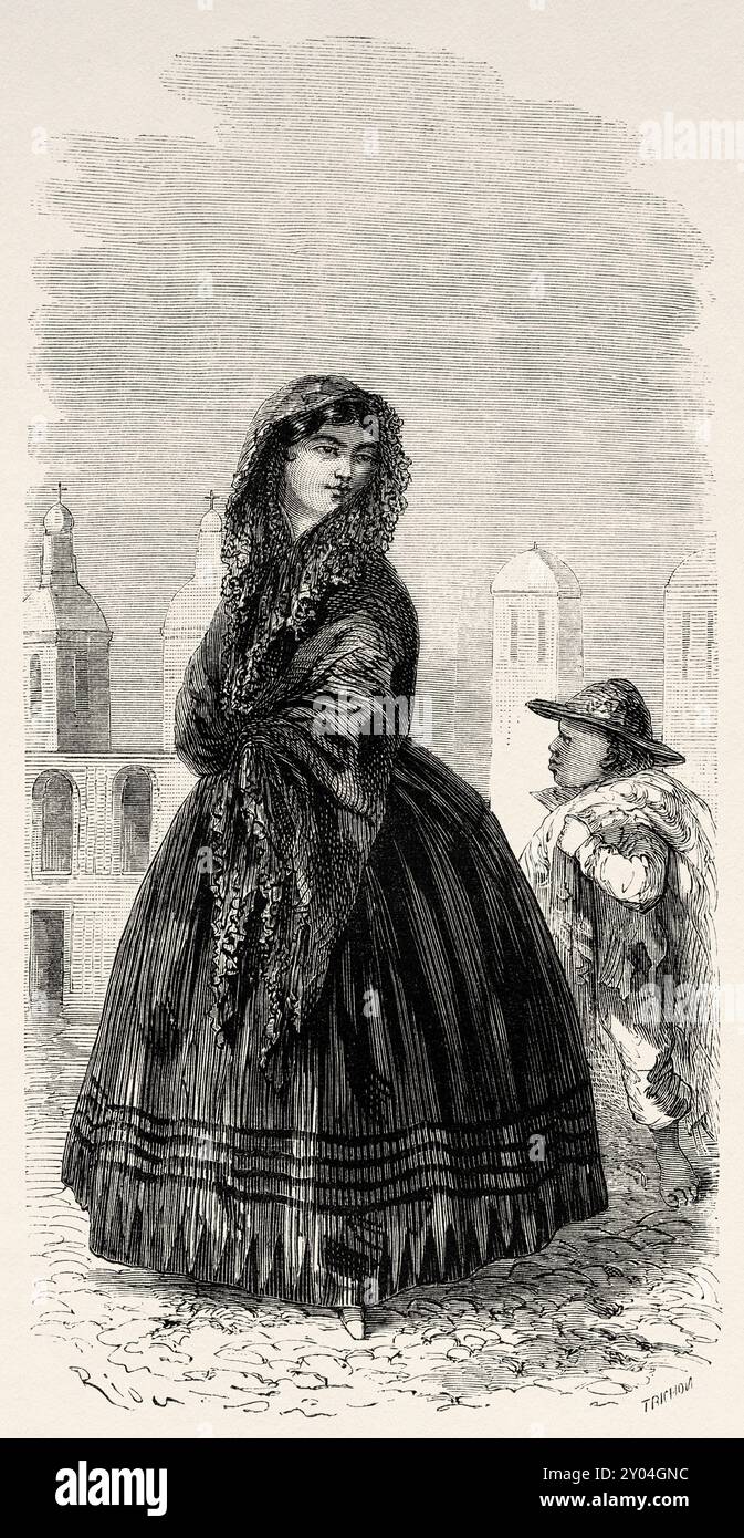 Arequipa donna in abiti di massa con il suo portatore di tappeti, Perù, Sud America. Viaggia attraverso il Sud America dall'Oceano Pacifico all'Oceano Atlantico, 1848-1960 di Paul Marcoy (1815 - 1887) prima tappa, da Islay ad Arequipa, Perù. Le Tour du Monde 1862 Foto Stock