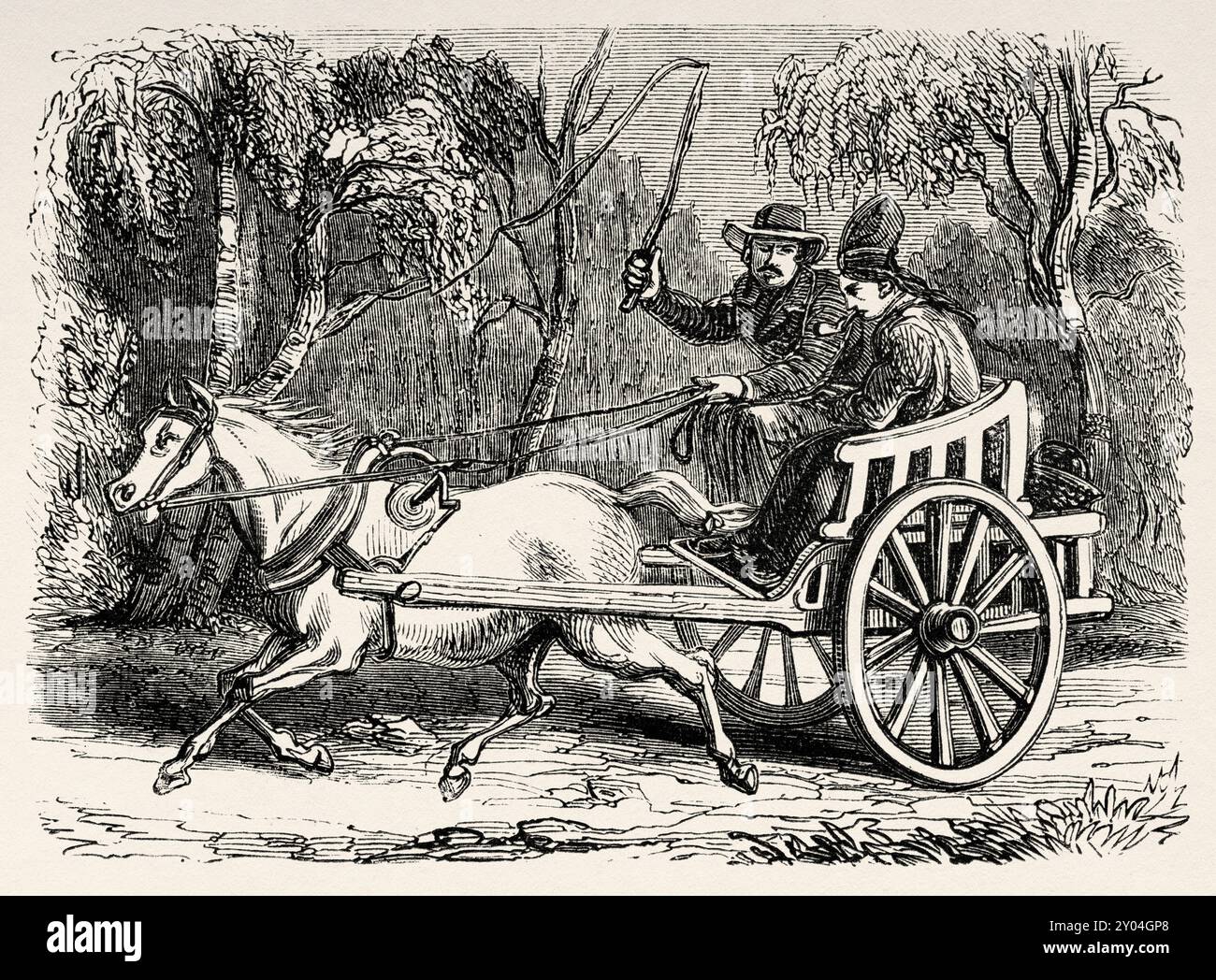 Postilion lappone su un carro trainato da un cavallo trotto, Svezia. Viaggia negli stati scandinavi, nel 1856, in Svezia e in Lapponia. Testi e disegni di San Biagio. Le Tour du Monde 1862 Foto Stock