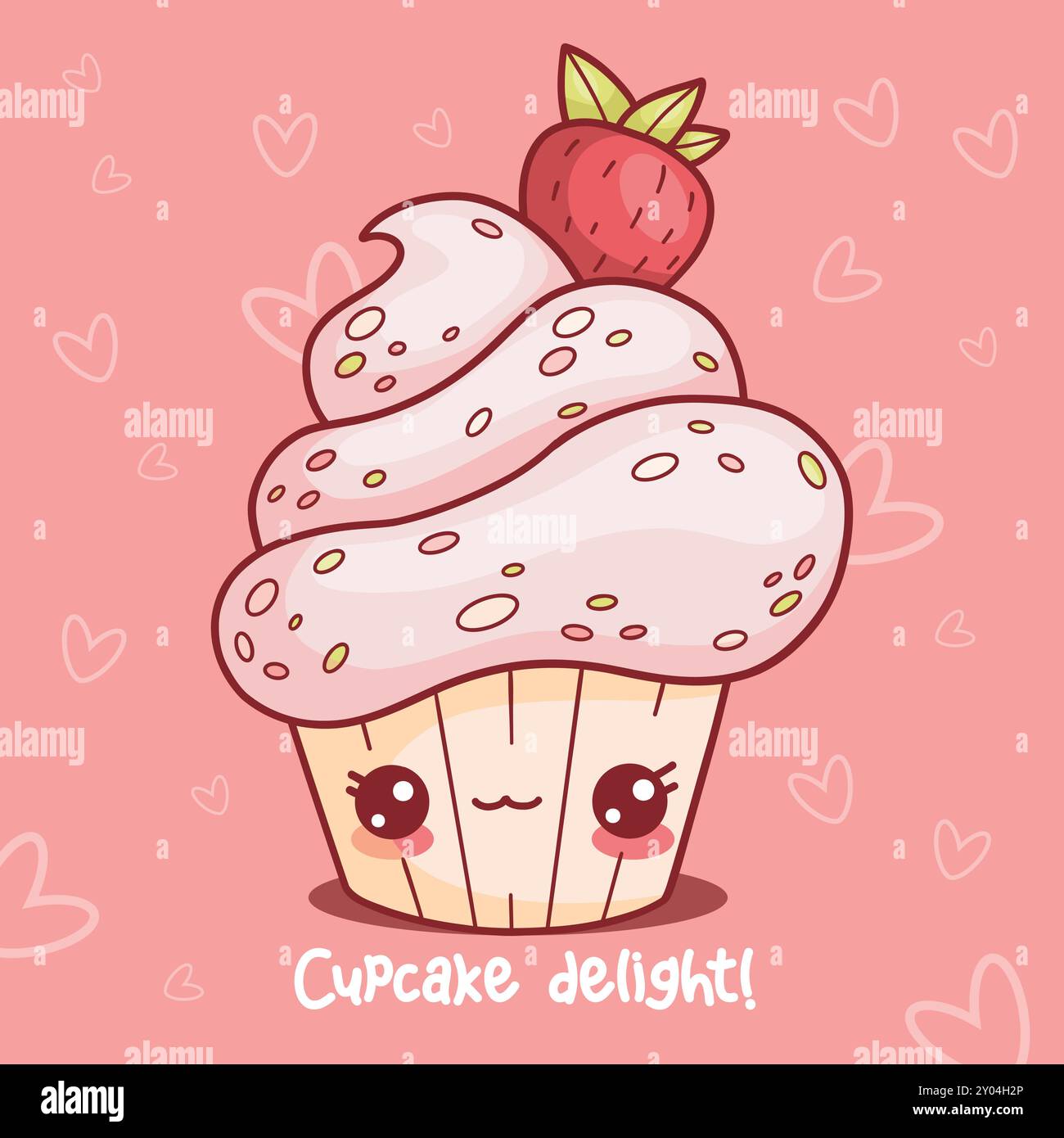 Delizioso cupcake con fragole. Carta con dolce personaggio dei cartoni animati kawaii e divertente slogan. Illustrazione vettoriale. Illustrazione Vettoriale