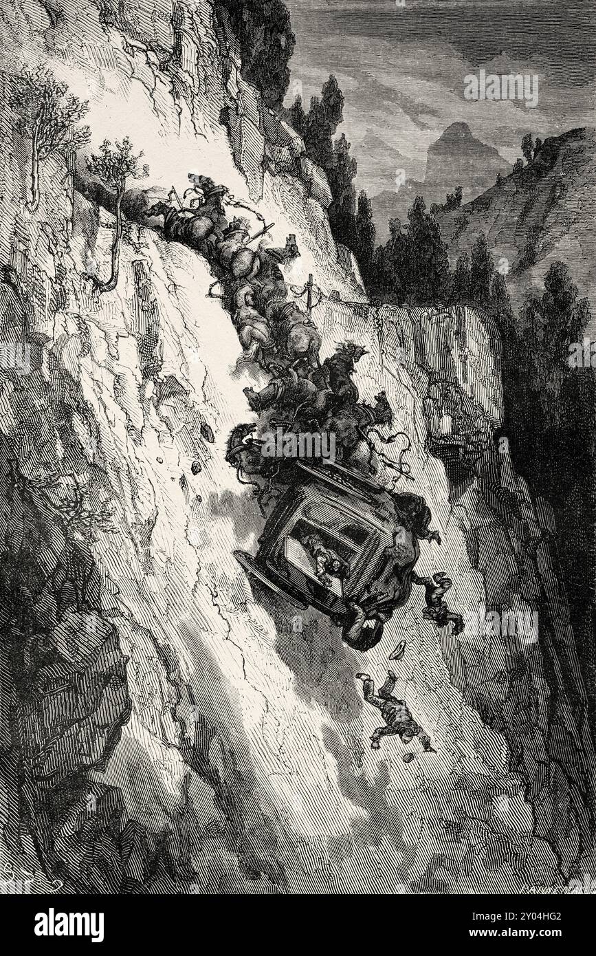 Incidente durante un viaggio una carrozza che cade in un burrone, Comunidad Valenciana. Viaggio in Spagna, 1862 di Jean Charles Davillier (1823-1883) disegno di Gustave Dore (1832-1883) le Tour du Monde 1862 Foto Stock