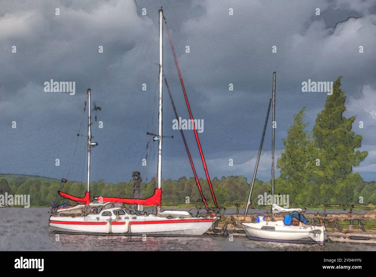 Un acquerello fotorealistico cattura due barche a vela attraccate a Karlsborg. Le nuvole minacciose di tempesta sfondano la testa, mentre gli ultimi raggi di luce solare sono drammatici Foto Stock