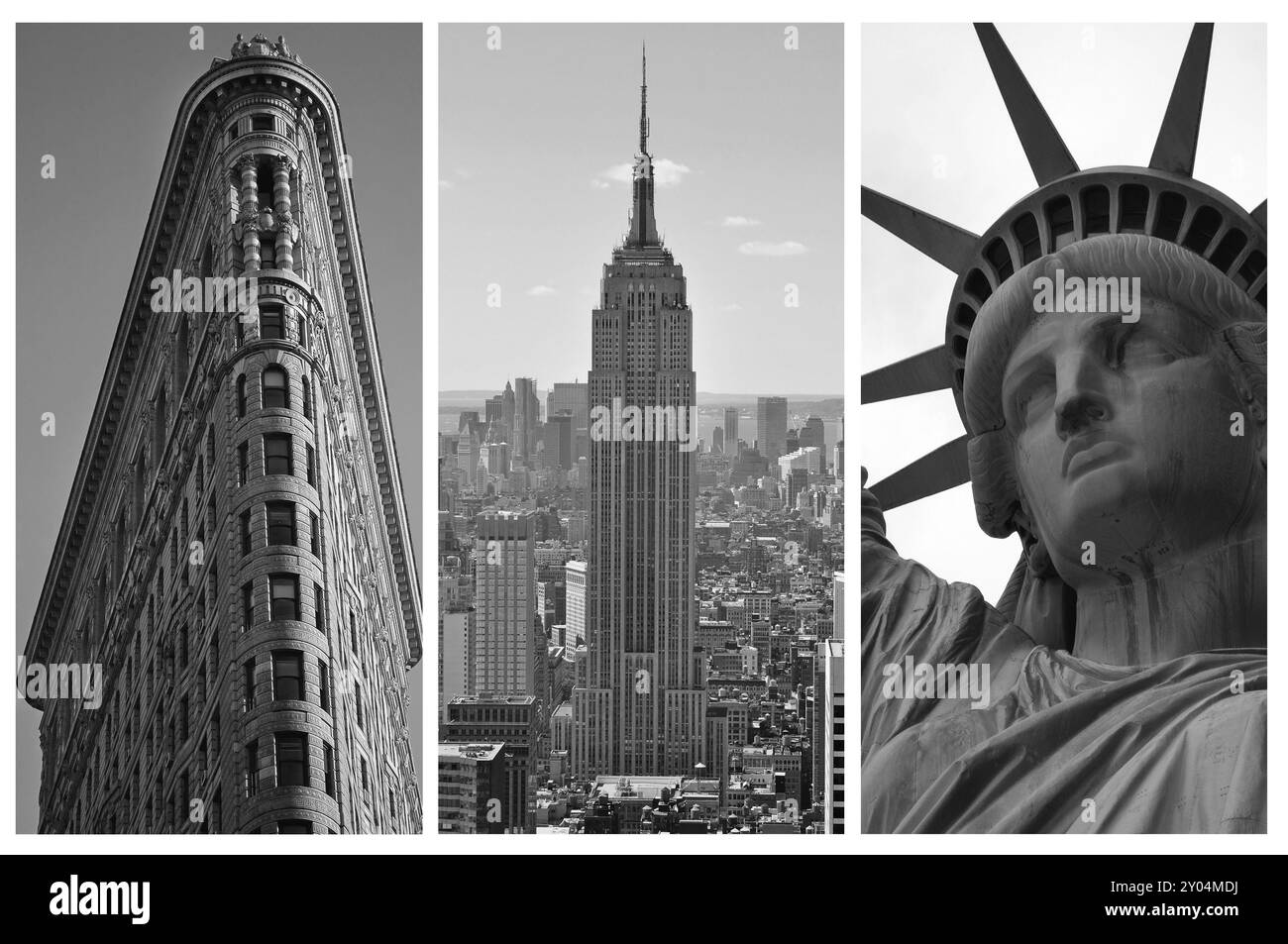 NEW YORK, 5 SETTEMBRE: Trittico in bianco e nero di New York con il Flat Iron Building, l'Empire States Building e la Statua della libertà Foto Stock
